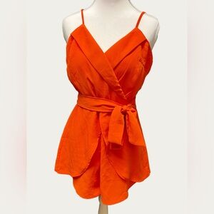 FAVLUX Bold Orange Silky Romper With‎ Sash Belt Size S